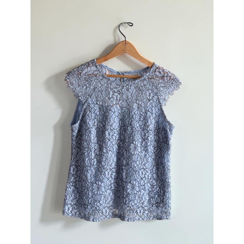 H&M Light Blue Floral Lace Cap Sleeve Blouse Top Medium